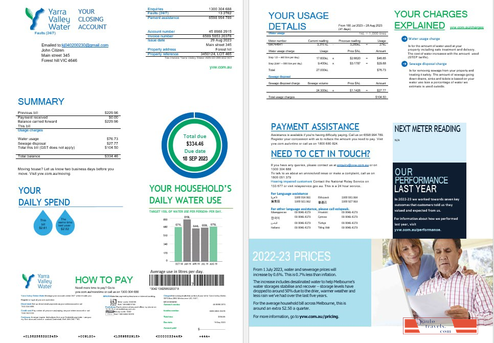 Melbourne Yarra Valley Water water utility bill Word and PDF formats, 2 pages